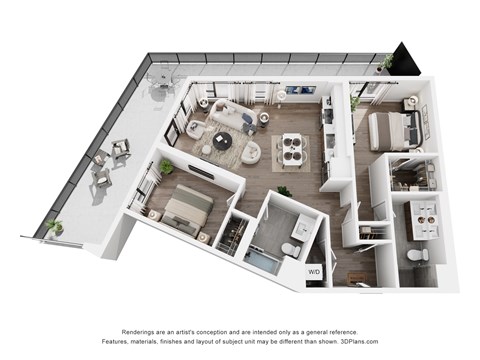 Floor plan for 2 beds, 2 baths, 1079 sqft